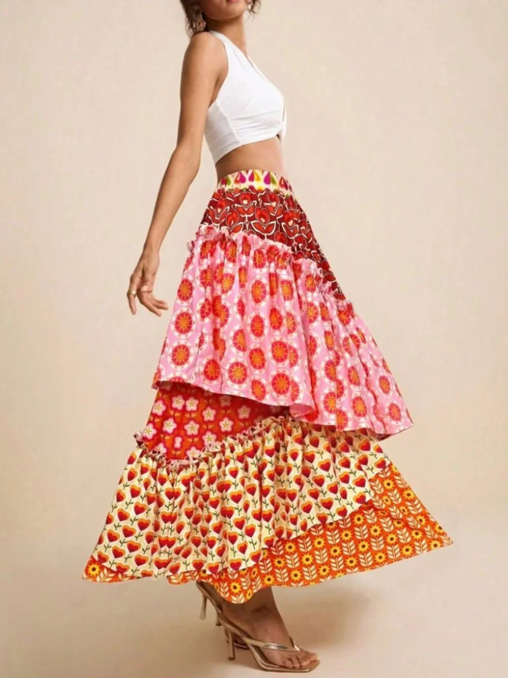 Pink Orange Mixed Floral Print Tiered Ruffle Maxi Skirt